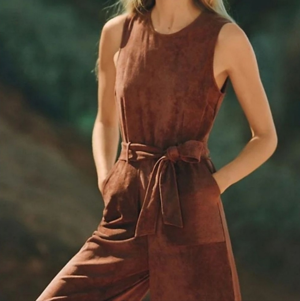 Anthropologie wide leg, Belted Jumpsuit in Cedar,
